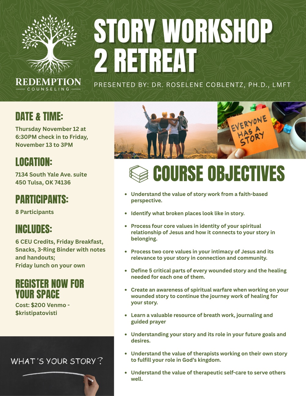 Flyer for the Story Workshop 2 Retreat at Redemption Counseling in Tulsa, presented by Dr. Roselene Coblentz, Ph.D., LMFT, on November 12 and 13, 2026